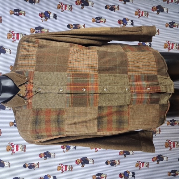 Redhead patchwork plaid front lined brown & orange casual button-up XL shirt - Picture 2 of 7